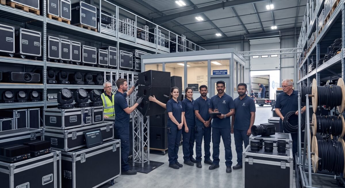 Crossroads technical crew in the equipment warehouse
