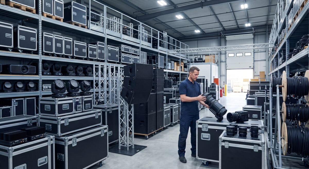 AV equipment warehouse — flight cases, moving heads, line-array speakers