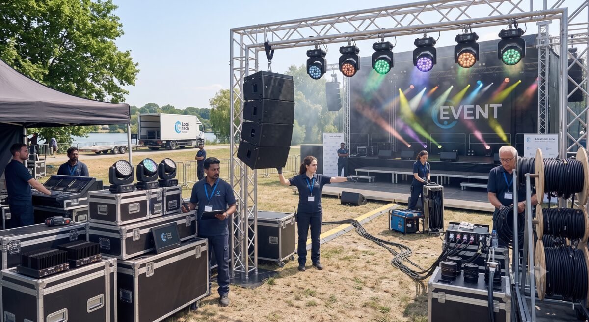 Outdoor stage setup with truss, moving heads and LED screen